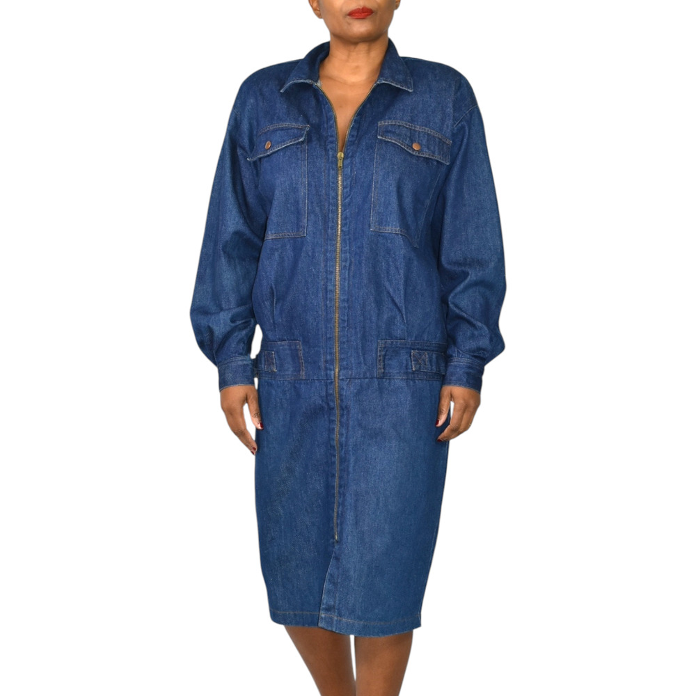 Vintage Depeche Mode Denim Jean Dress Blue Cocoon Midi Cotton Shirtdress Medium